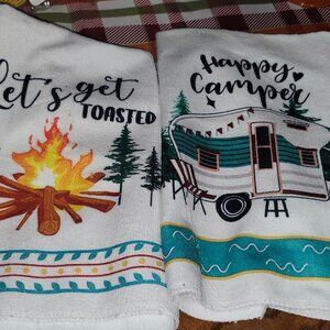 Set of 2 Dish Towels Happy Camper and Lets Get Toasted Boutique New